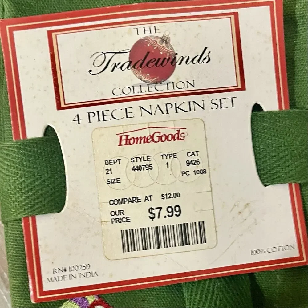 Tradewinds Collection 4 Piece Green Embroidered Cotton Rectangular Napkin Set